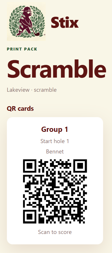 Print pack QR card for Group 1 to scan and score