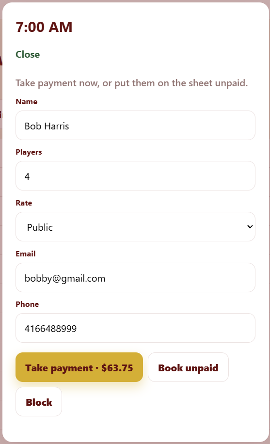 Walk-up booking ticket with name, players, rate, and take payment